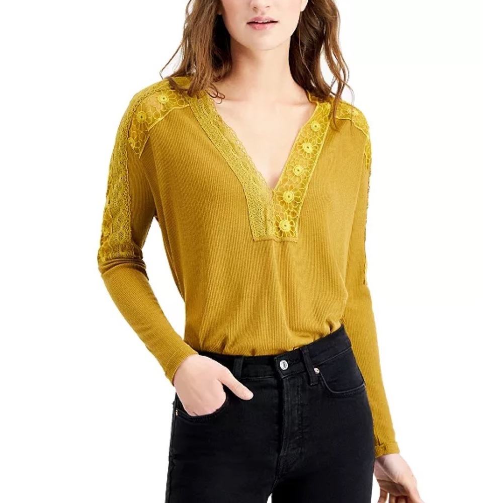 Free People Lola Lace Trim V-neck Long Sleeve Oversized Tee Size XS